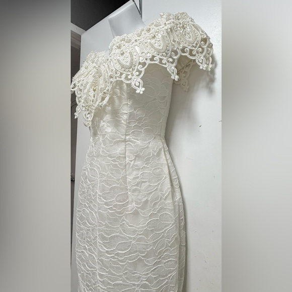 Vintage Jessica McClintock Lace Sheath Wedding Dress Off Shoulder Ivory White - Picture 4 of 12